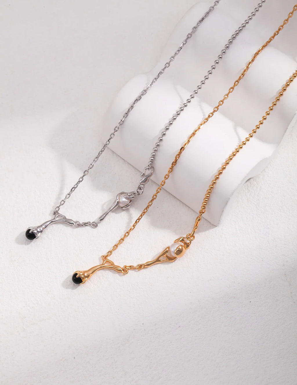Natural Branch Style Pearl and Black Onyx Necklace