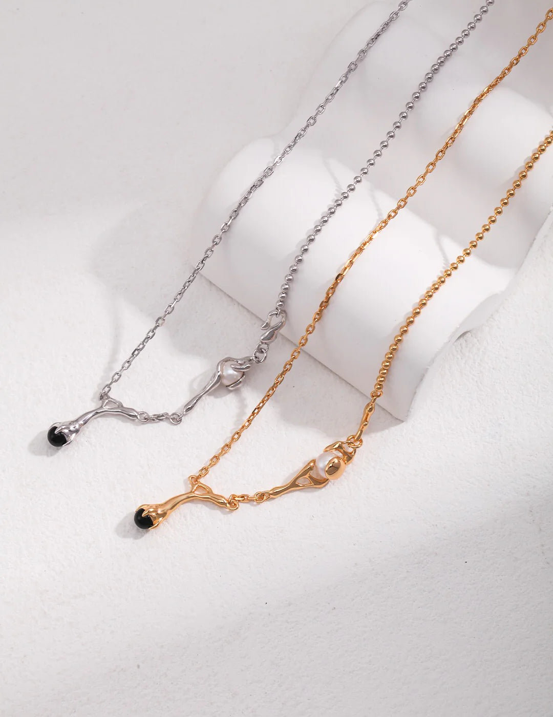 Natural Branch Style Pearl and Black Onyx Necklace