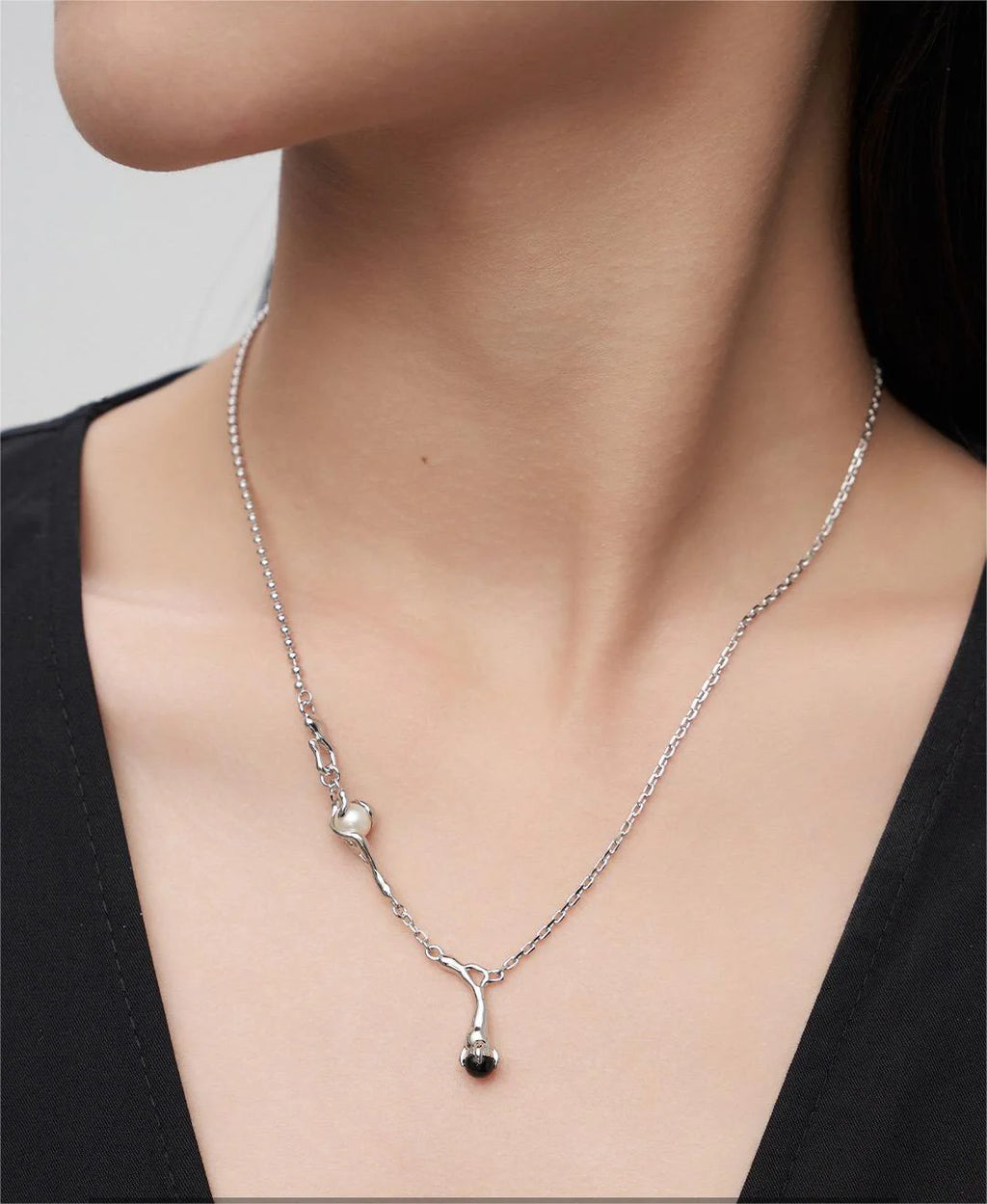 Natural Branch Style Pearl and Black Onyx Necklace