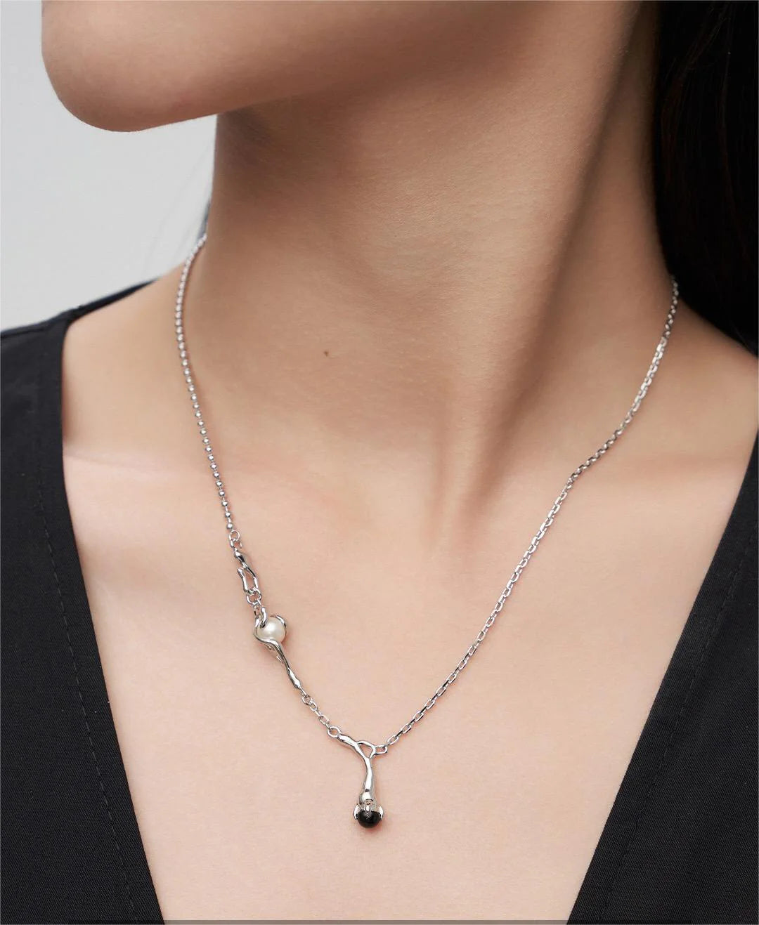 Natural Branch Style Pearl and Black Onyx Necklace