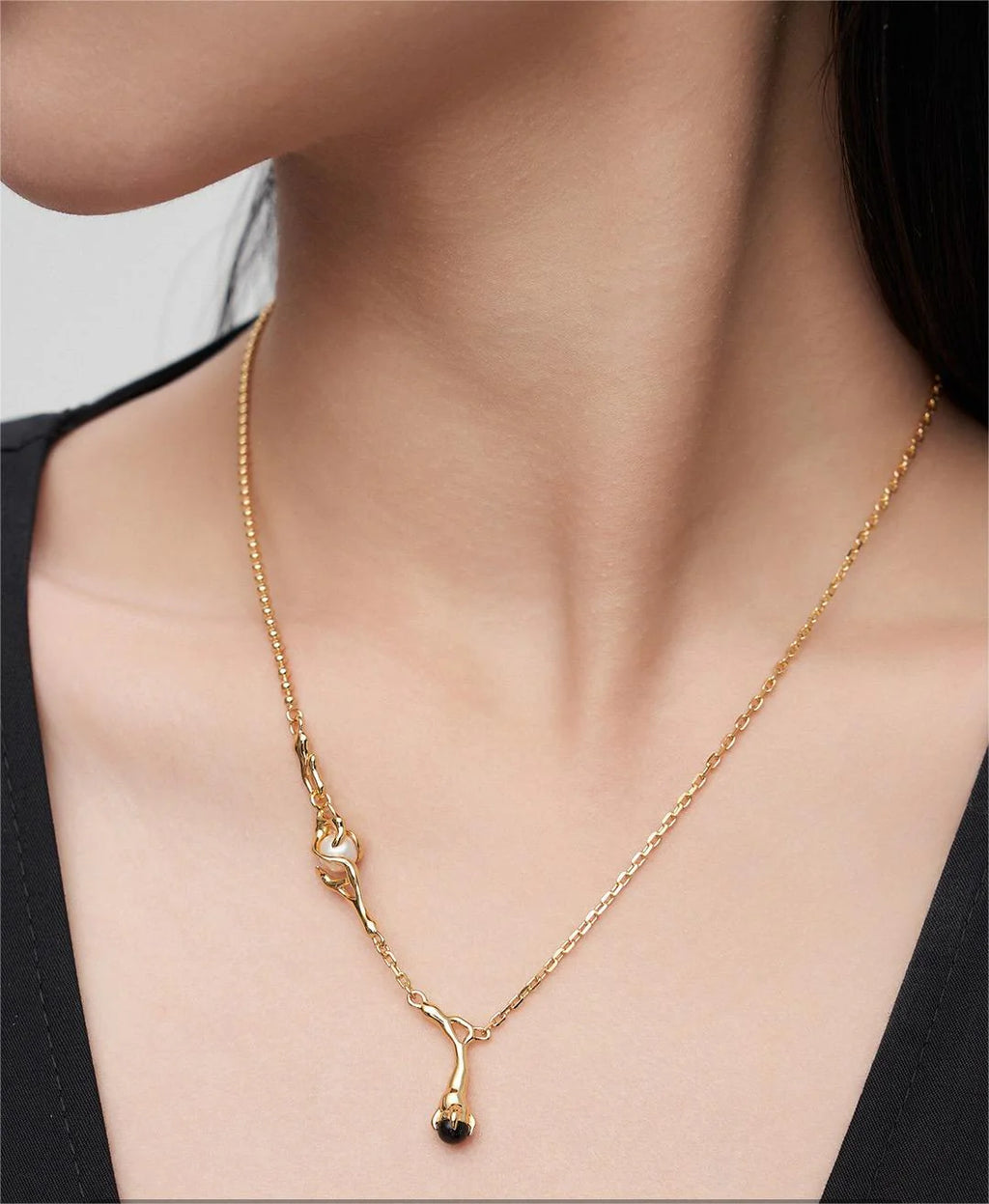 Natural Branch Style Pearl and Black Onyx Necklace