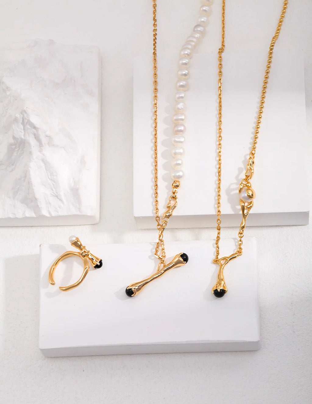 Natural Branch Style Pearl and Black Onyx Necklace