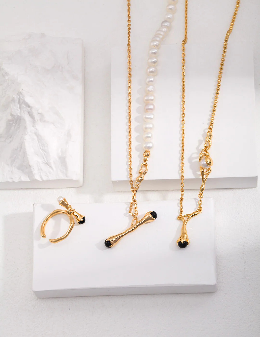 Natural Branch Style Pearl and Black Onyx Necklace