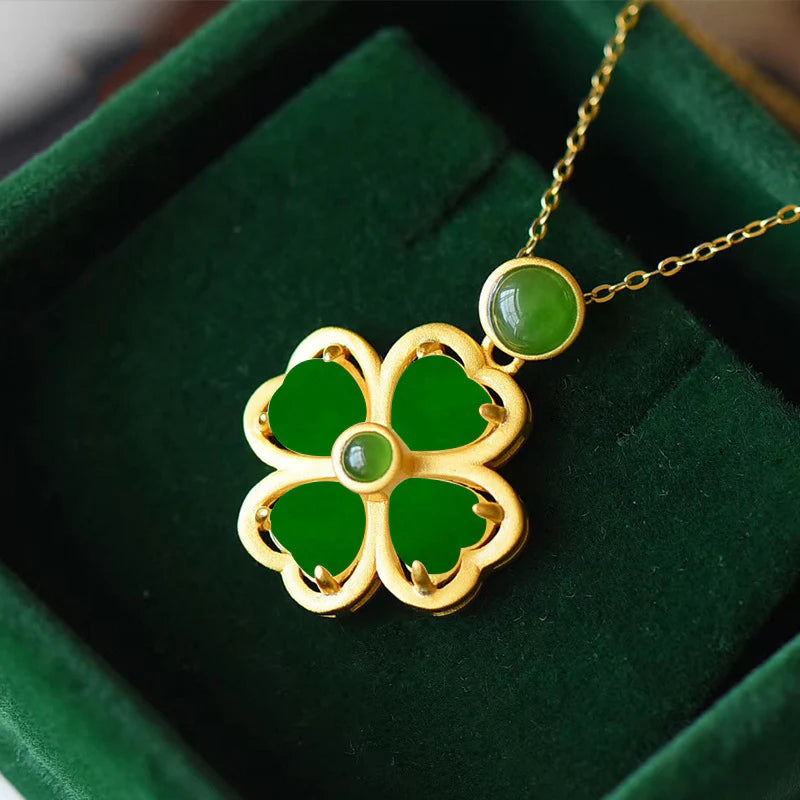Golden Hetian Jade Clover Green Agate Pendant Necklace